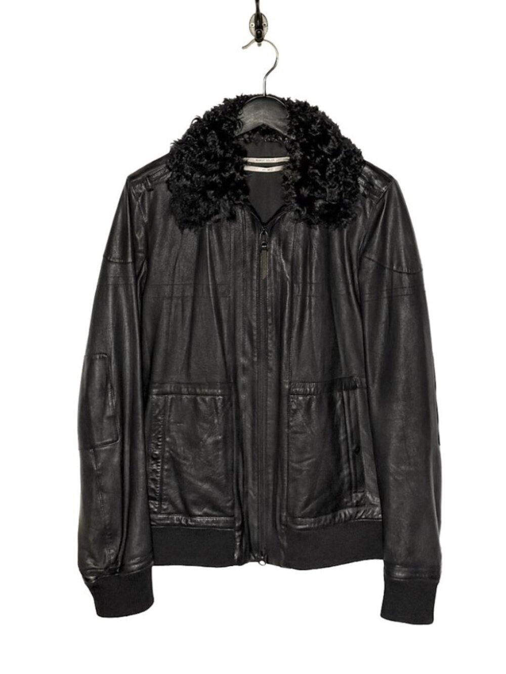 Robert Geller Black Leather Faux Fur Trimmed Aviator Jacket